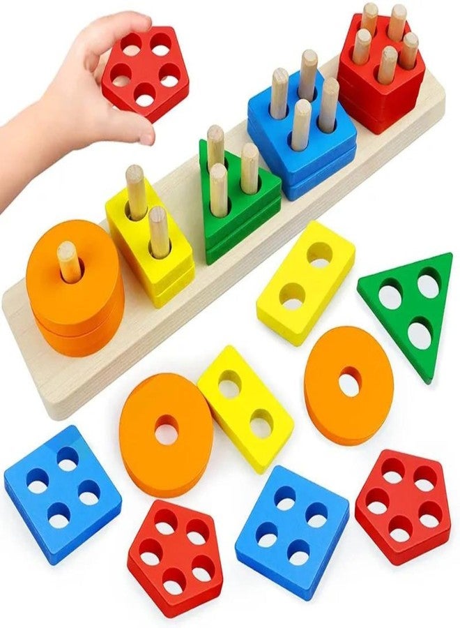 SANTALON Toys for 1 2 3 Year Old Boys Girls Toddlers, Wooden Sorting and Stacking Preschool Educational Toys, Color Recognition Stacker Shape Sorter Puzzles (5 cloumn Block) - Image 1